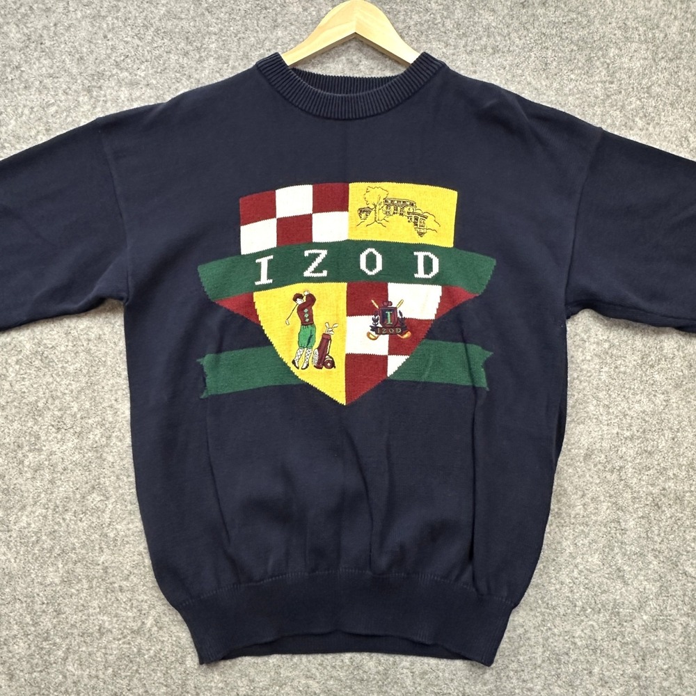 Vintage IZOD Sweater Men's Large Navy Cotton Golf Crest Crewneck 90s Preppy - Picture 2 of 10